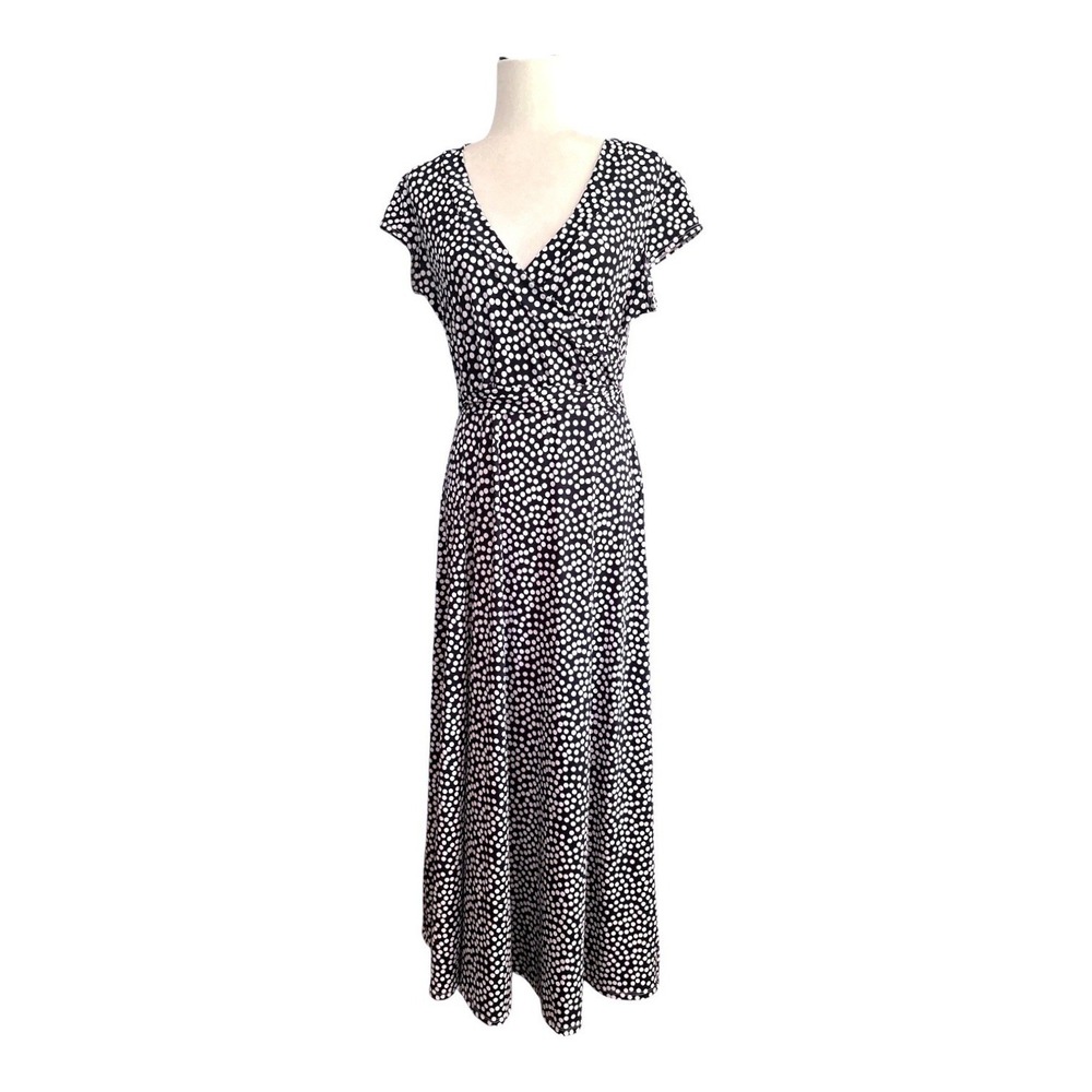 Olivia Matthews Navy White Polka Dot Faux Wrap Maxi Dress Made in USA PXL